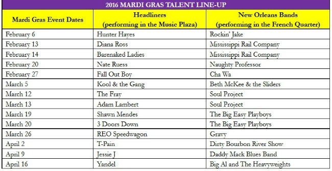 Univeral Orlando Mardi Gras Concert Line Up