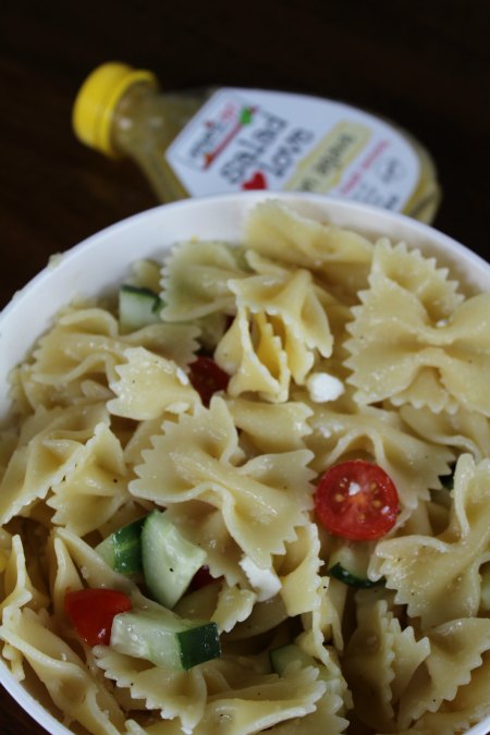 Lemon Pasta Salad with Tomatoes, Cucumber, and Feta on Food Wine Sunshine