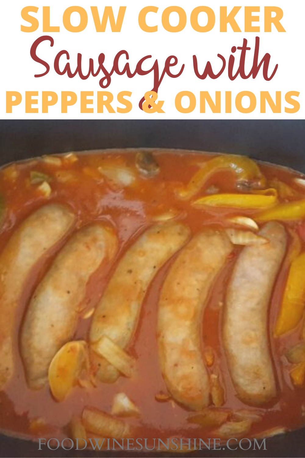 Easy Crock Pot Sausage and Peppers | You can have dinner prepped with just 5 simple ingredients and 5 minutes with this easy Crock Pot Sausage and Peppers recipe. Read more dinner recipes, healthy recipes and easy recipes the whole family will love on foodwinesunshine.com | Food Wine Sunshine #easyrecipes #dinnerrecipes #dinnerideas #dinner #foodblog #foodblogger