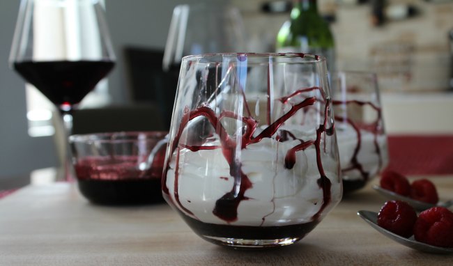 Tasty White Chocolate Mousse with Red Wine Reduction Dessert Sauce