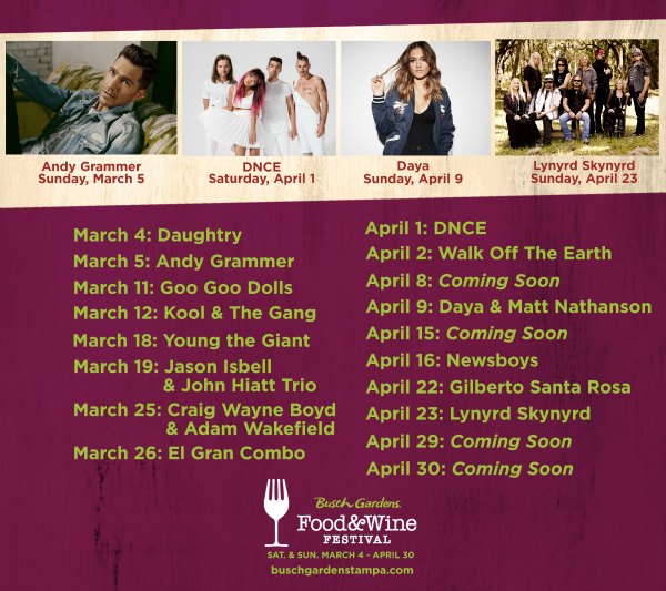 Busch Gardens Food & Wine Festival 2017 - Concert Line Up and More on Food Wine Sunshine