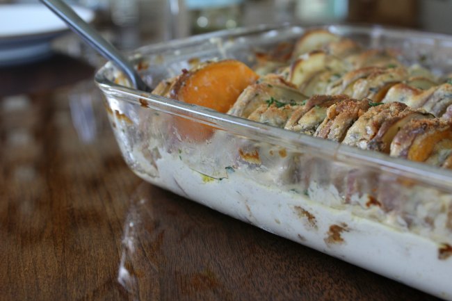 Recipe for Scalloped Potato Casserole With Root Vegetables on Food Wine Sunshine