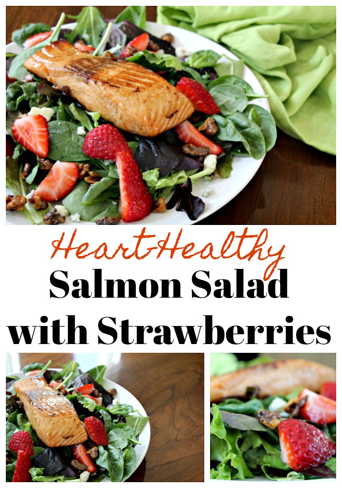 Salmon Salad topped with walnuts and fresh strawberries