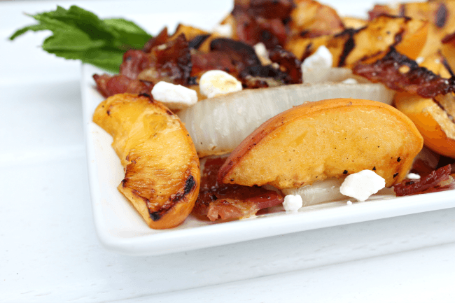 Grilled Peach and Onion Salad with bacon and goat cheese