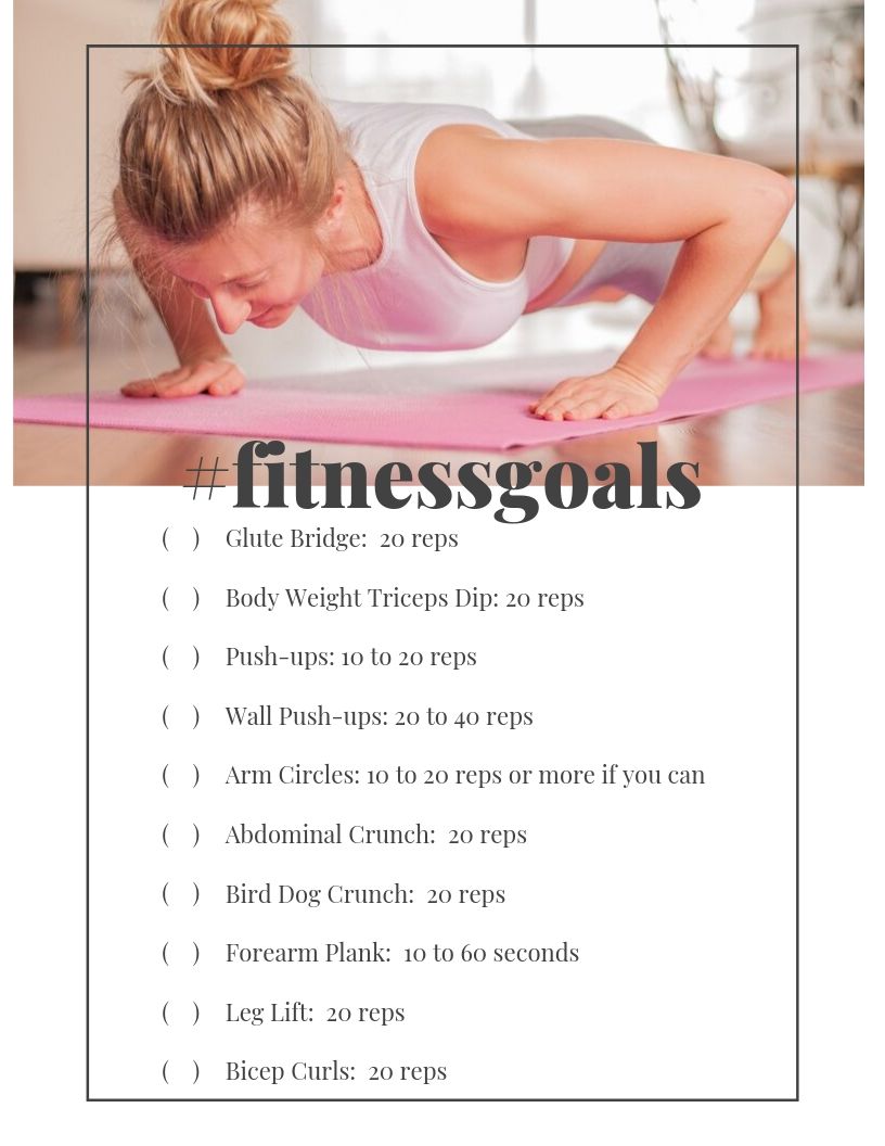 Free Fitness Printable with Simple Exercises You Can Do At Home - No Equipment Required | Sometimes we don’t have time to go to the gym or hit a fitness class but we still want to get some physical activity in. These are 10 Simple Exercises You Can Do At Home or anywhere! Read more healthy living tips, healthy recipes and fitness tips on foodwinesunshine.com | Food Wine Sunshine #healthy #healthyliving #healthylifestyle #wellness #lifestyleblogger #foodblogger