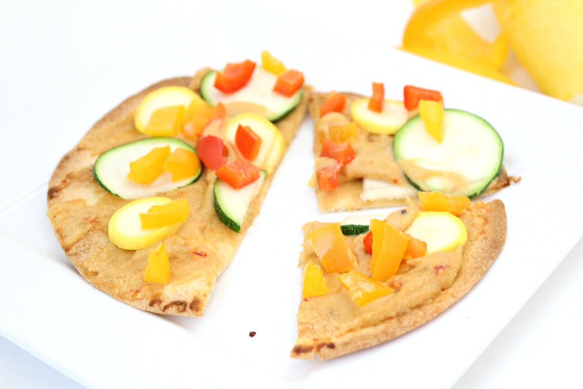 Roasted Veggie and Hummus Tortilla Pizza