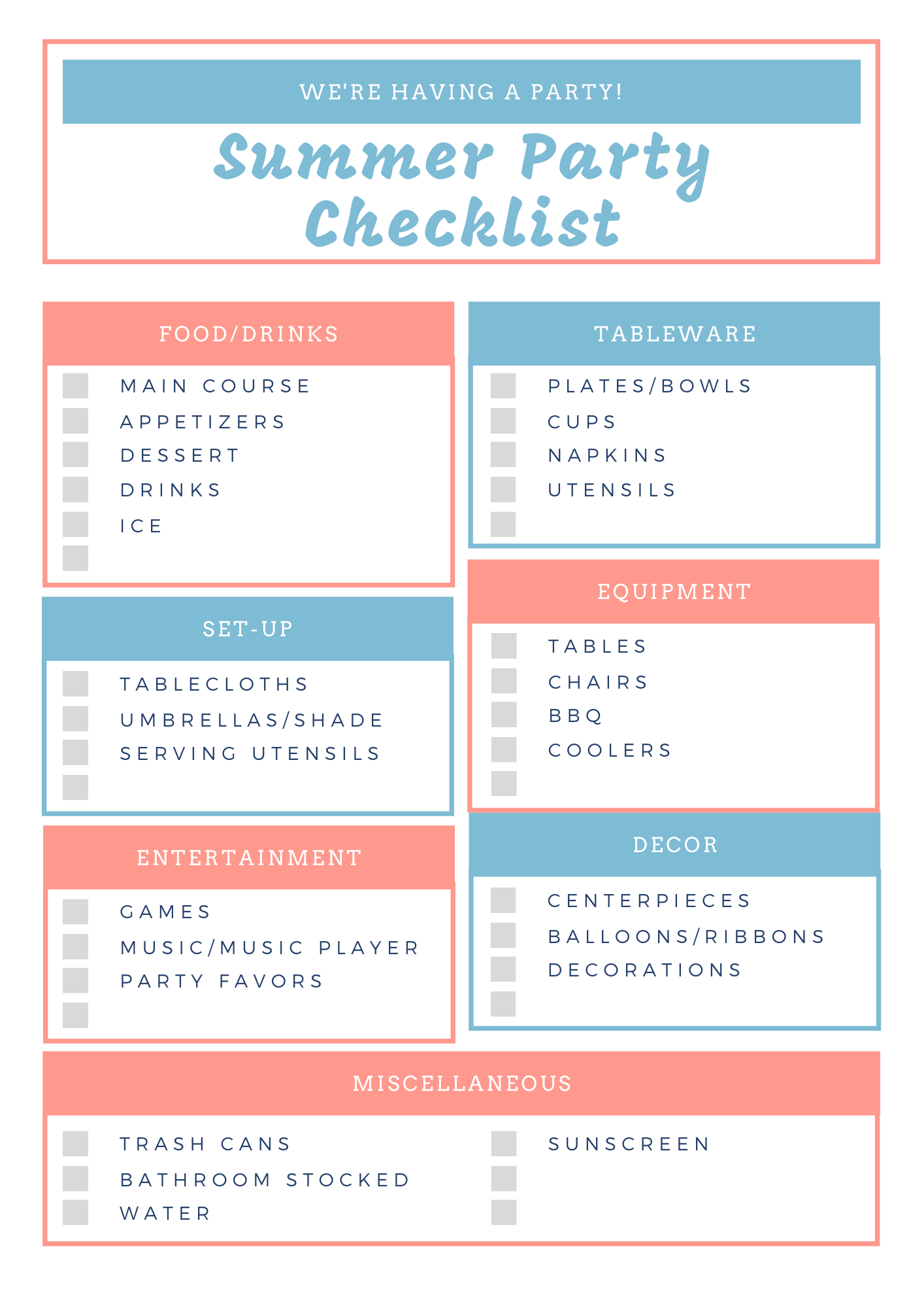 Summer Party Checklist Printable