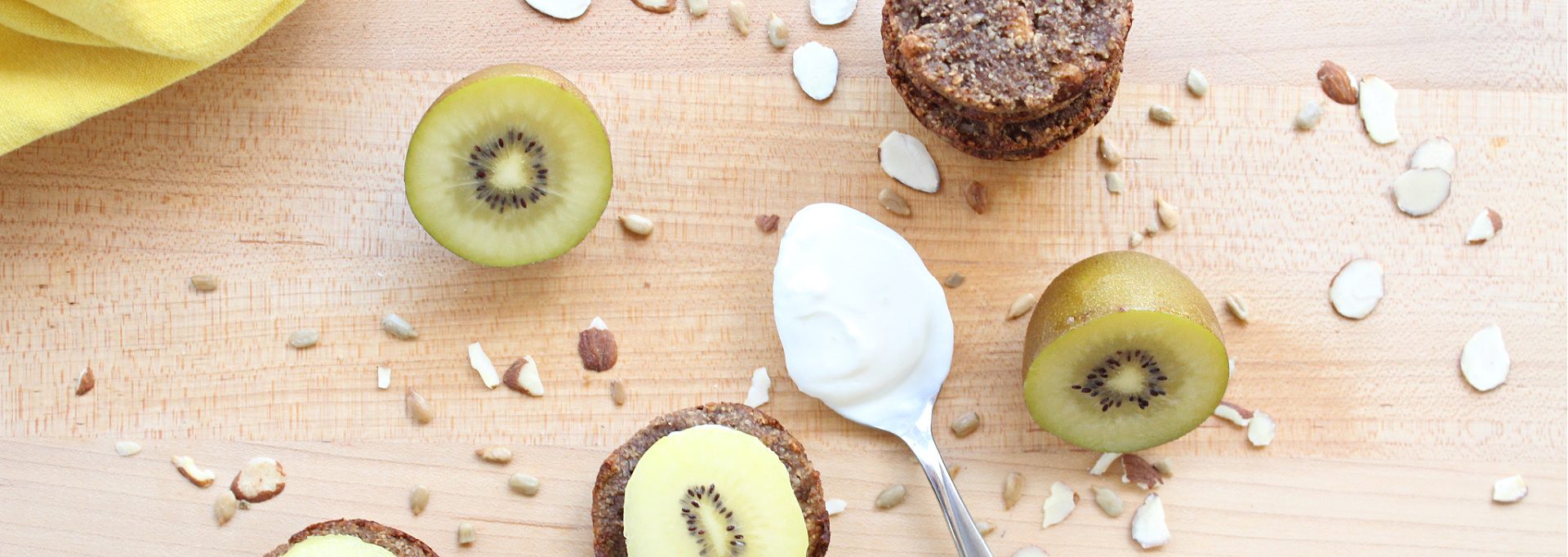 Banana Nut Protein Cookies topped with yogurt and kiwi