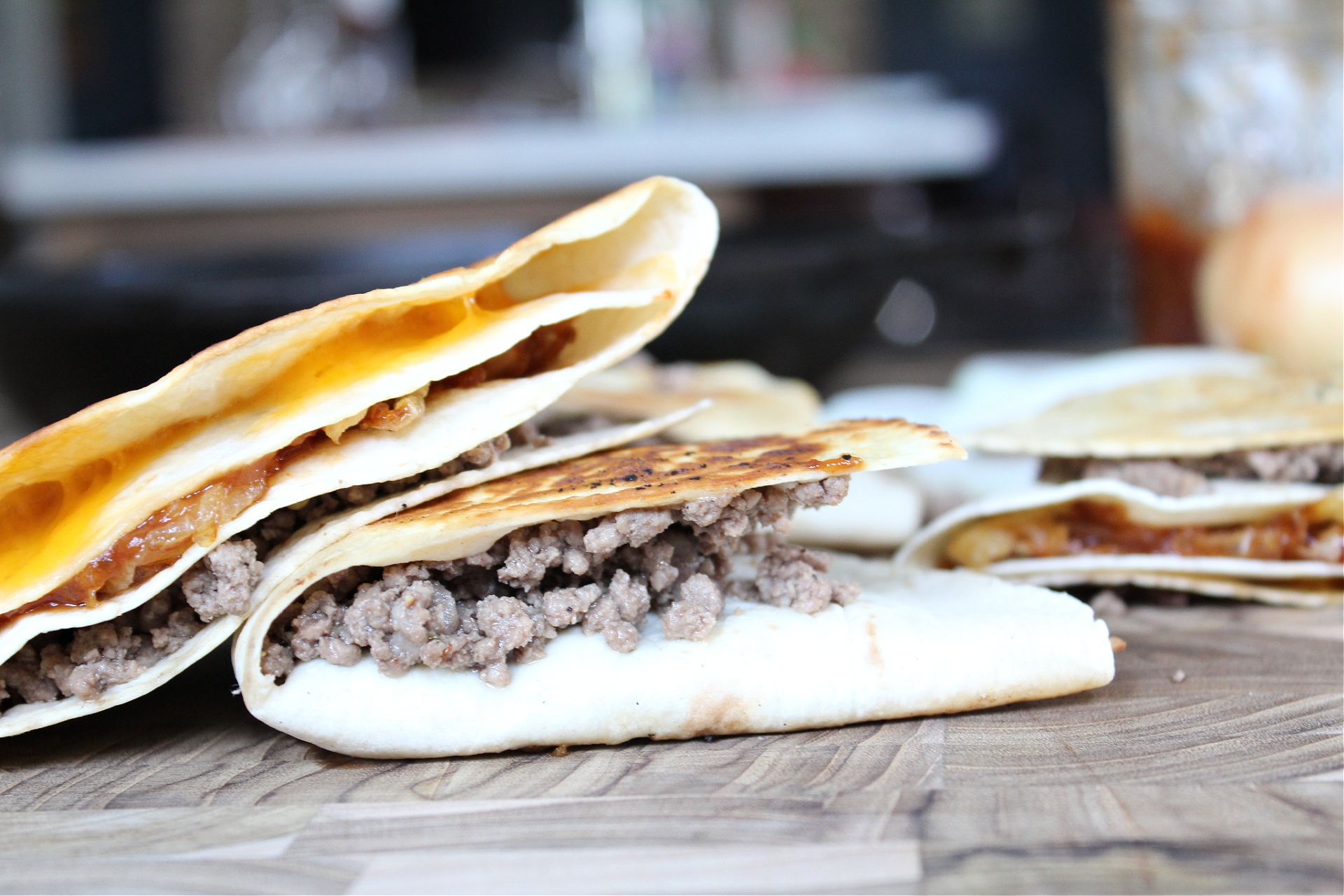 BBQ Cheeseburger Stacked Tortilla Quesadillas
