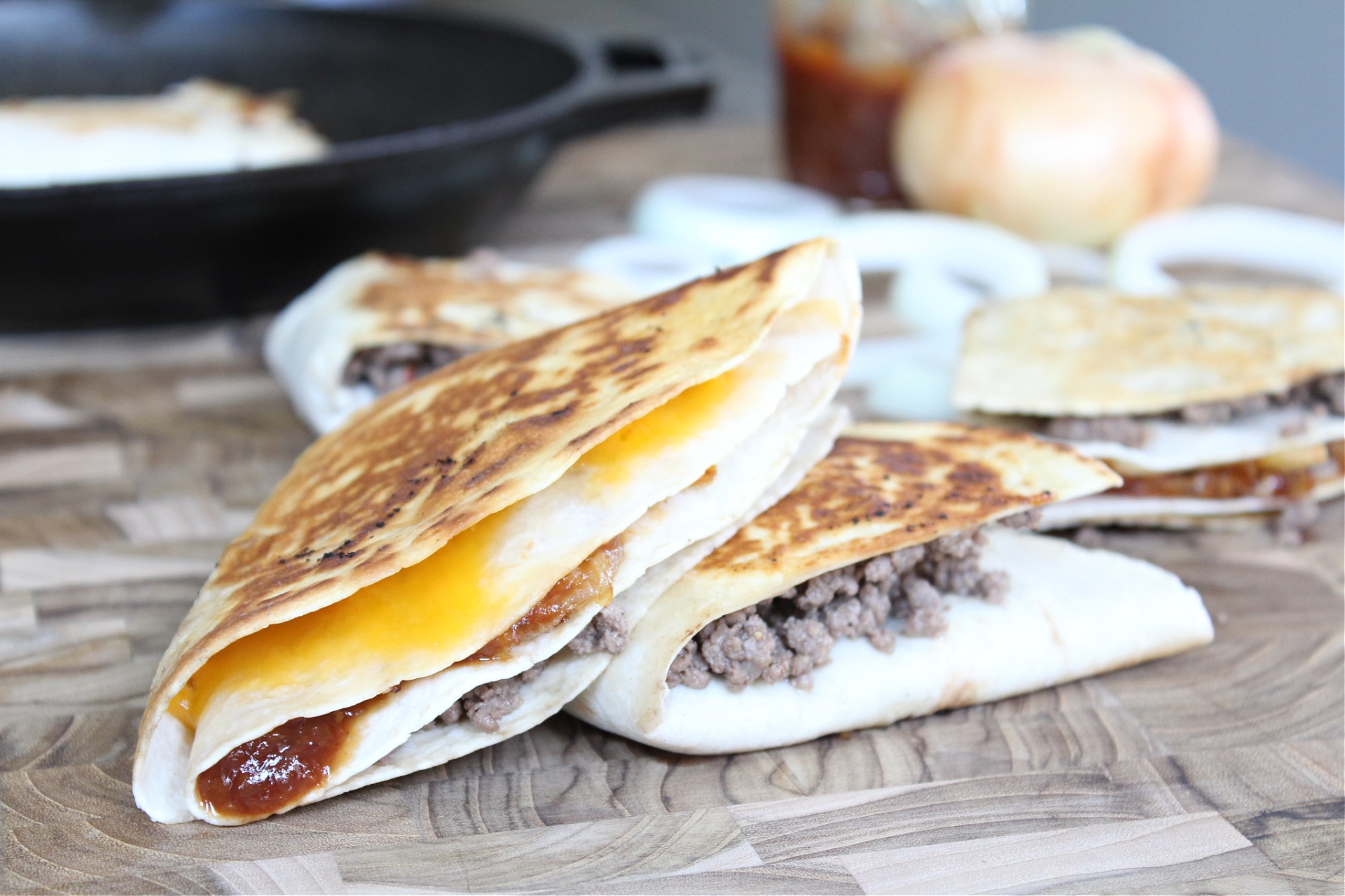 Easy BBQ Cheeseburger Stacked Quesadillas