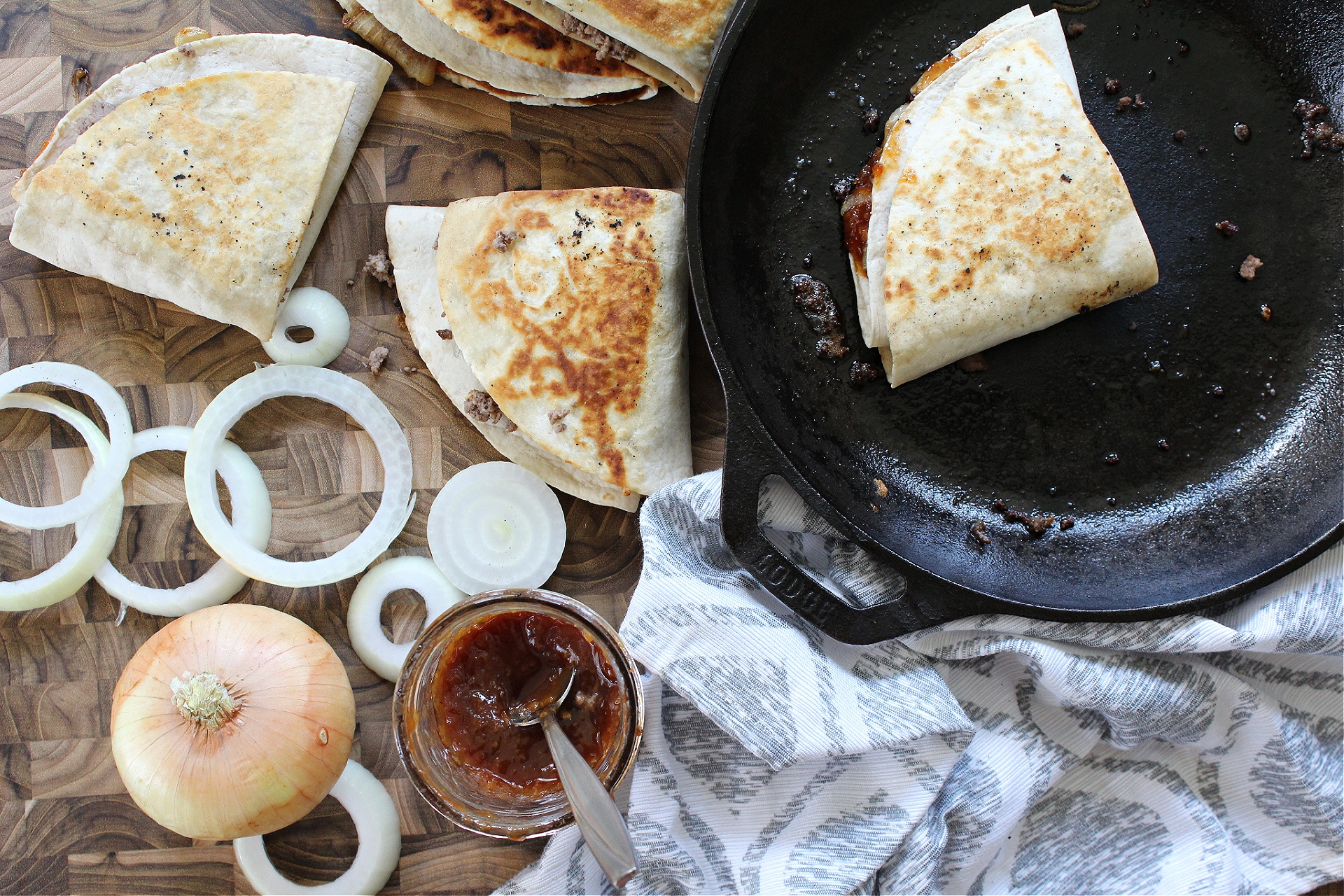 Easy BBQ Cheeseburger Stacked Tortilla Quesadillas