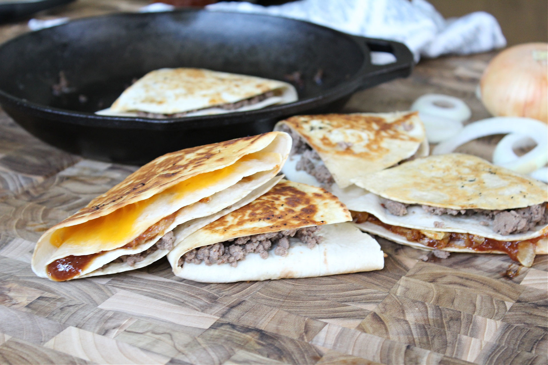 Easy BBQ Cheeseburger Folded Tortilla Quesadillas