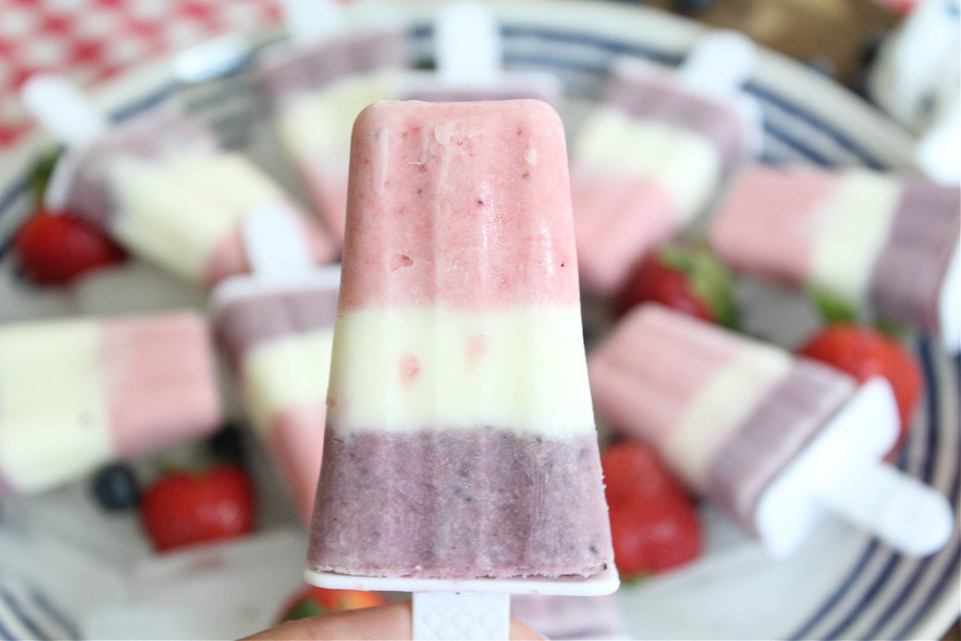 Red White and Blue Popsicles made with fruit