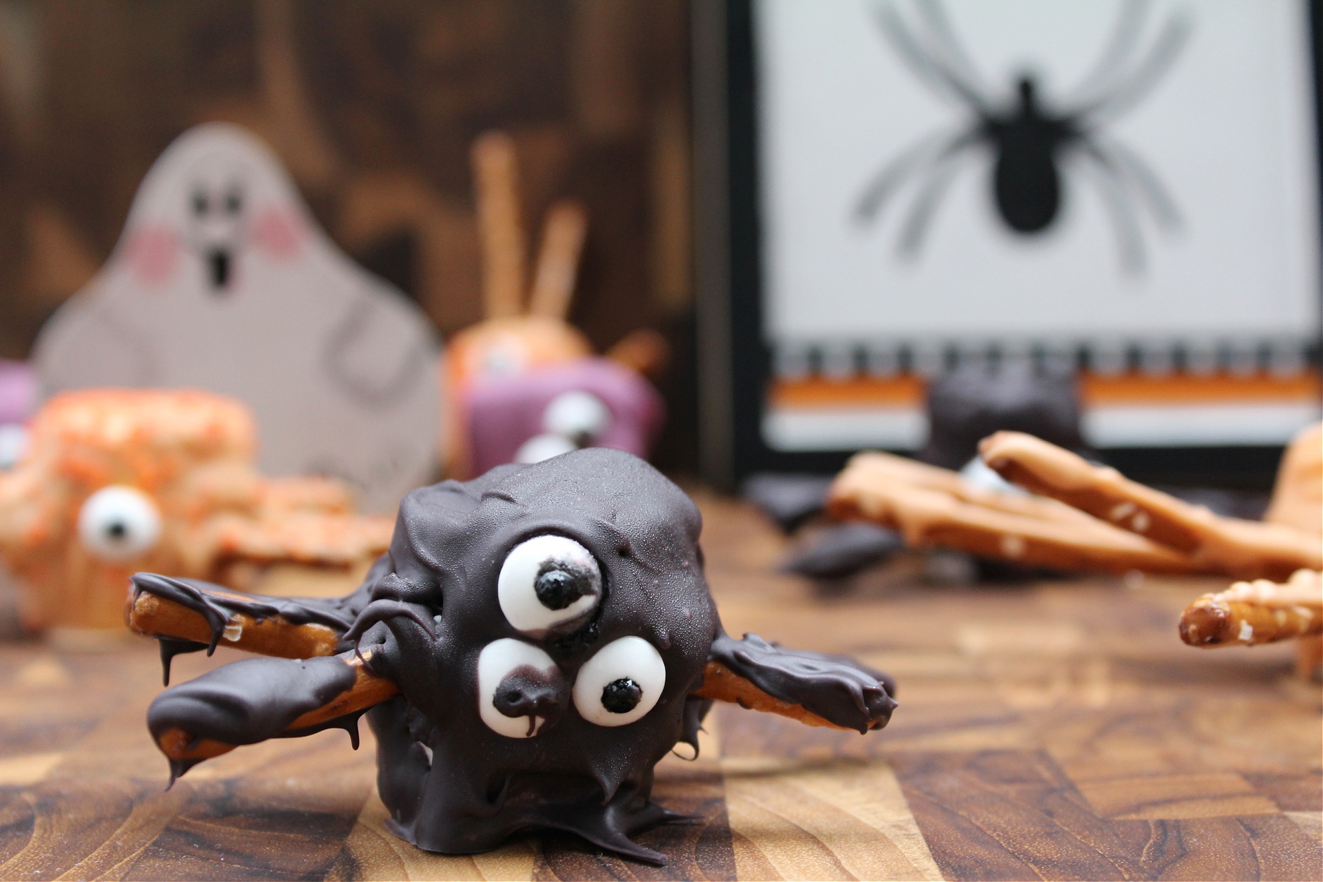 Halloween Spiders made with marshmallows and pretzels