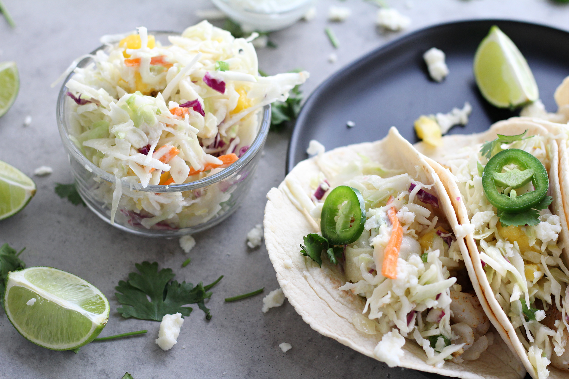 Blackened Fish Tacos with Mango Jalapeno Slaw