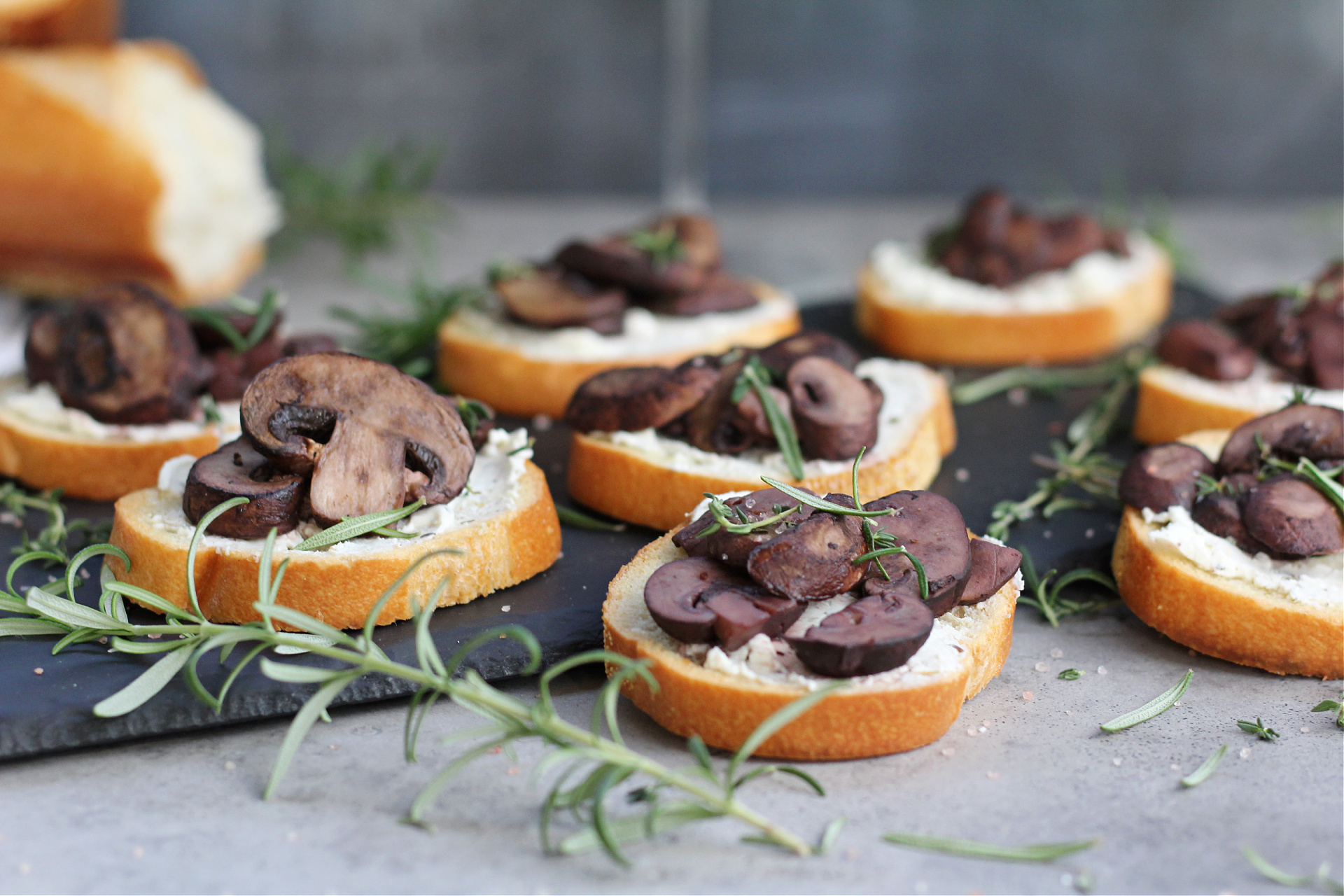 Roasted mushroom crostini with goat cheese and herbs