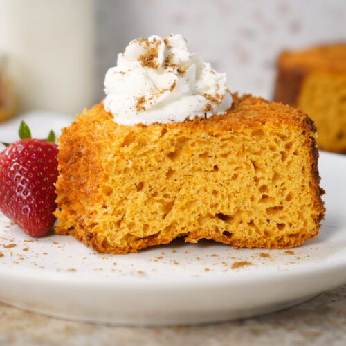 Pumpkin Angel Food Cake topped with whipped cream, Weight Watchers dessert idea