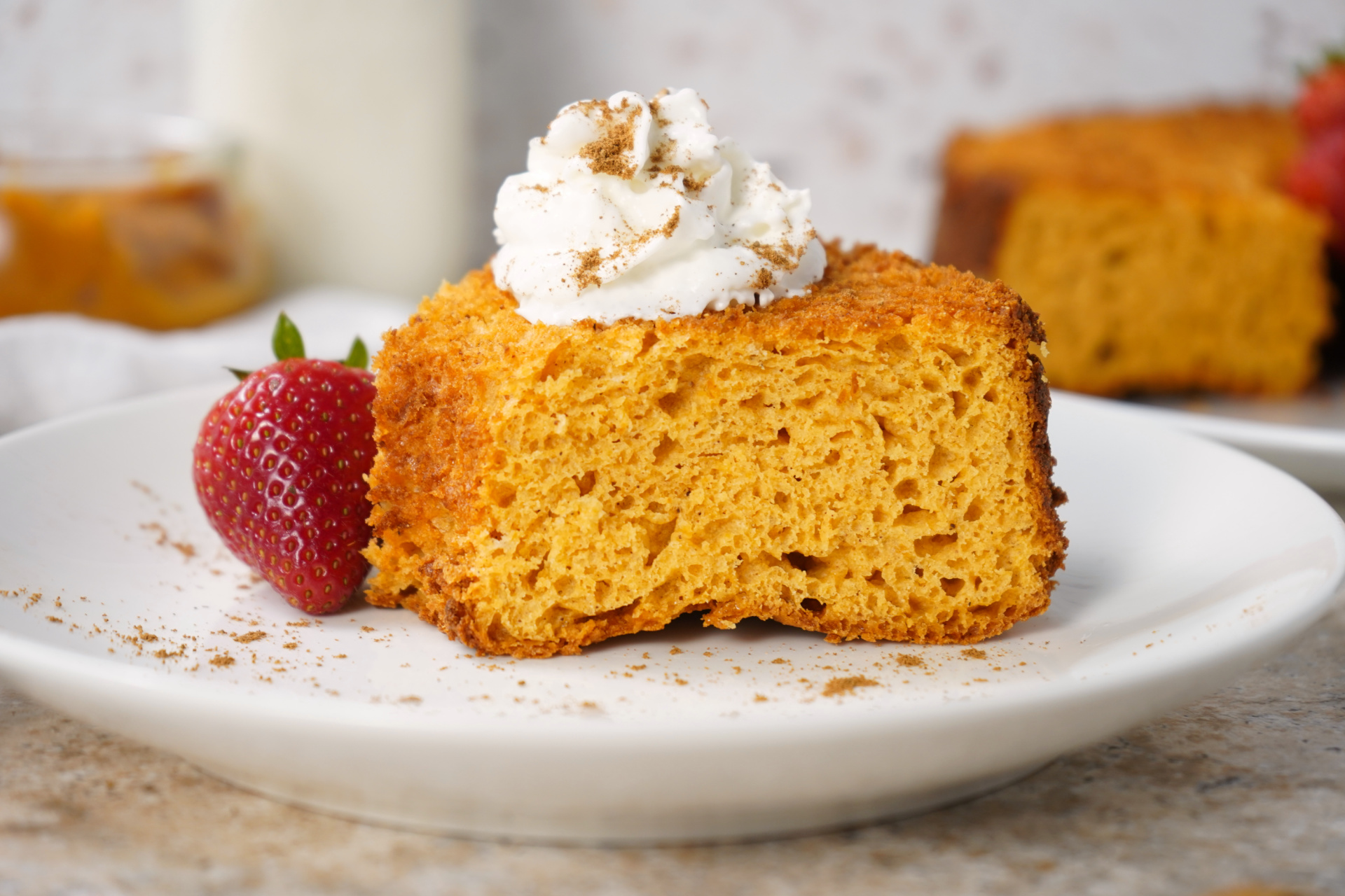 Pumpkin Angel Food Cake topped with whipped cream, Weight Watchers dessert idea