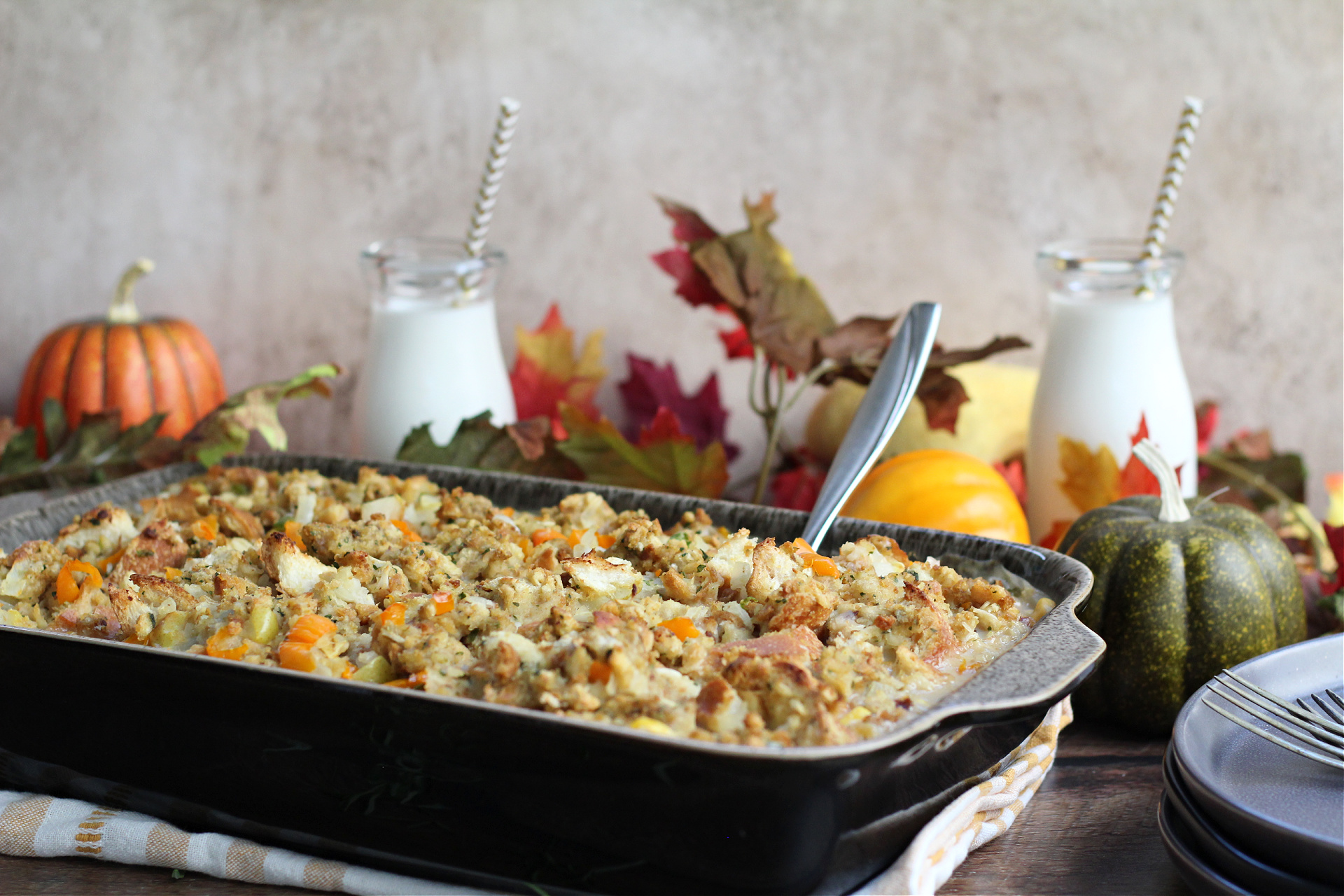 Easy Thanksgiving Leftover Casserole layered with turkey, stuffing, mashed potatoes, green beans, and corn.