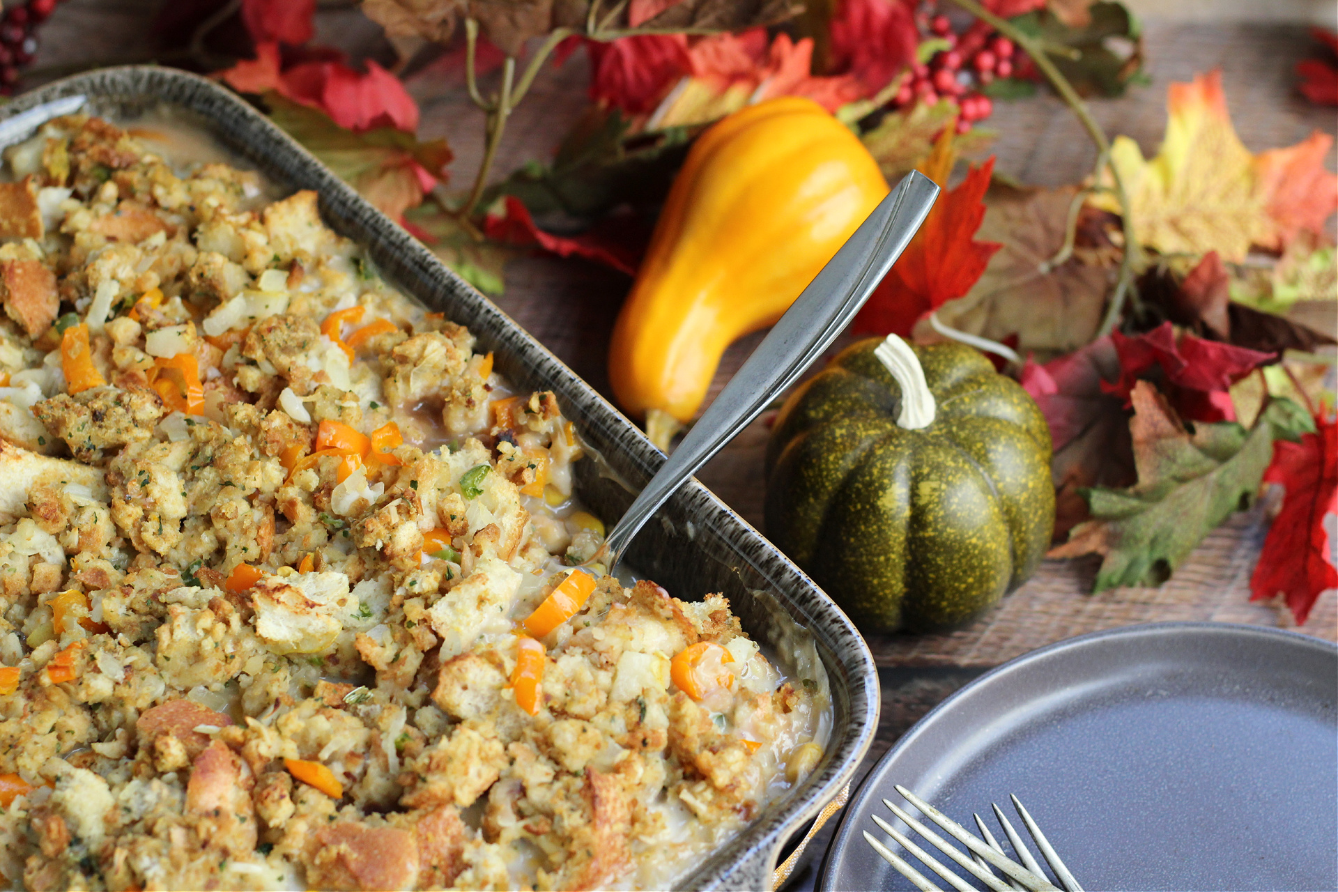 Easy Thanksgiving Leftover Casserole in a 9&times;13 pan, ready to serve.