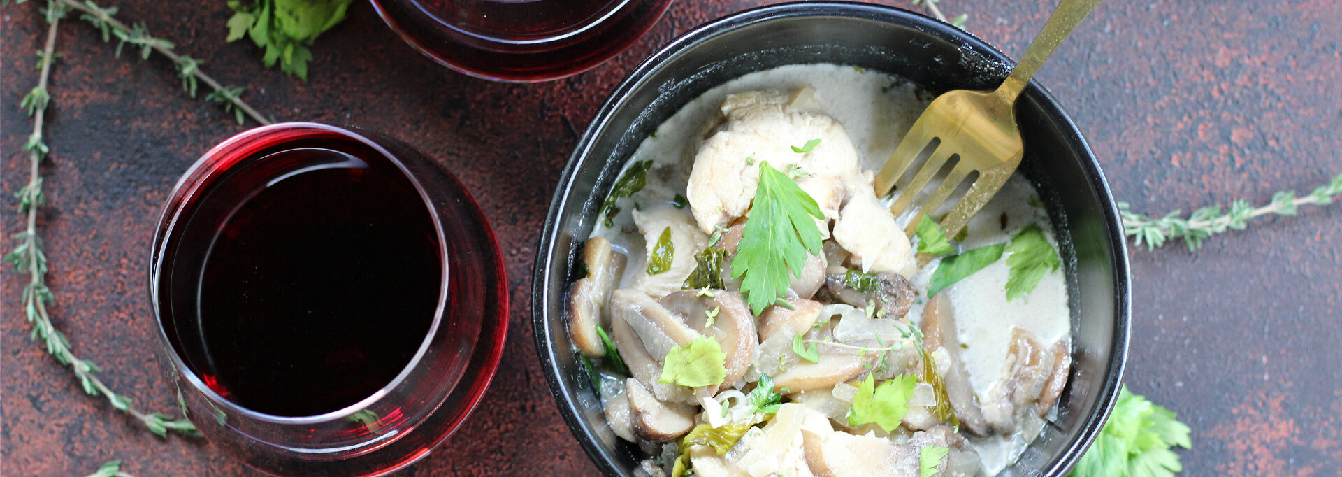 Comforting chicken fricassee with tender mushrooms and rich white wine sauce