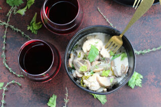 Comforting chicken fricassee with tender mushrooms and rich white wine sauce