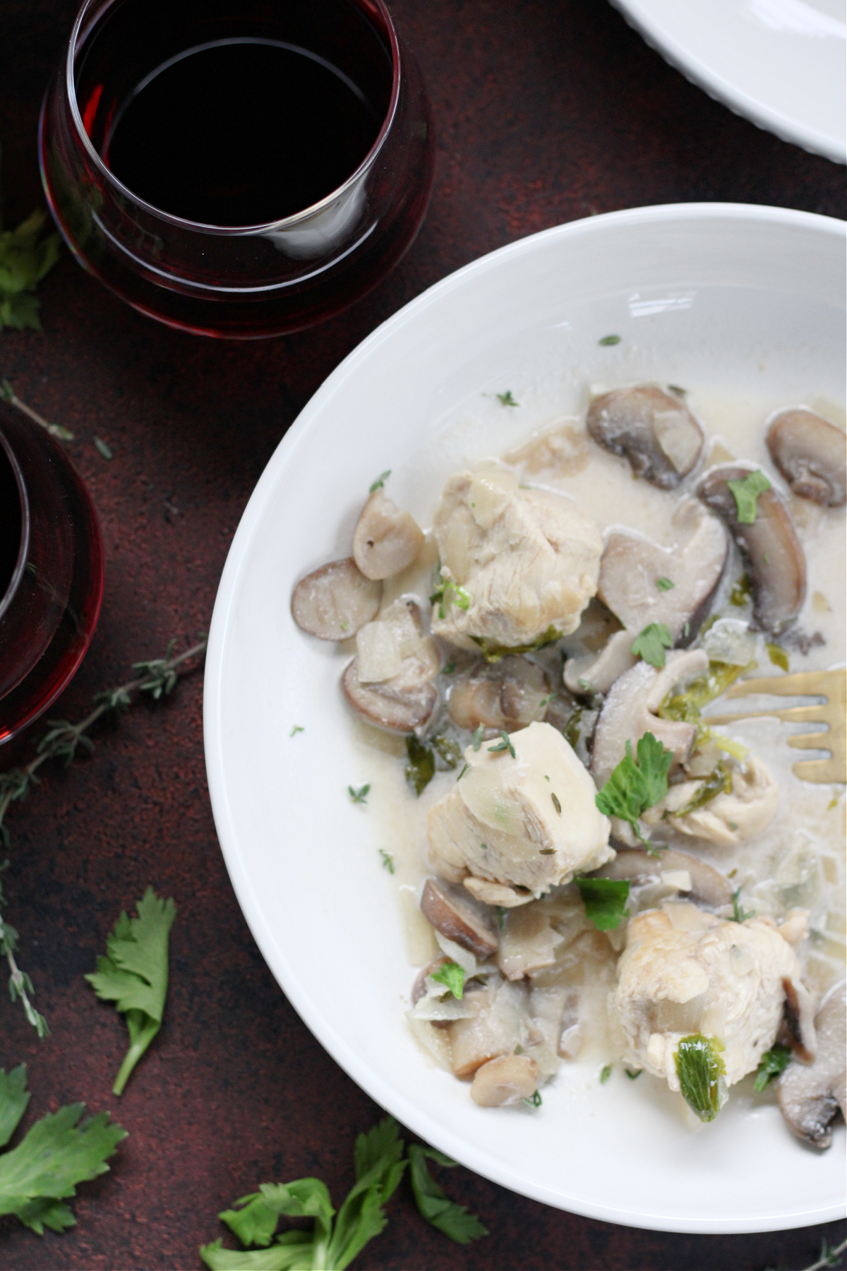 French-style chicken and mushroom fricassee dinner ready to serve