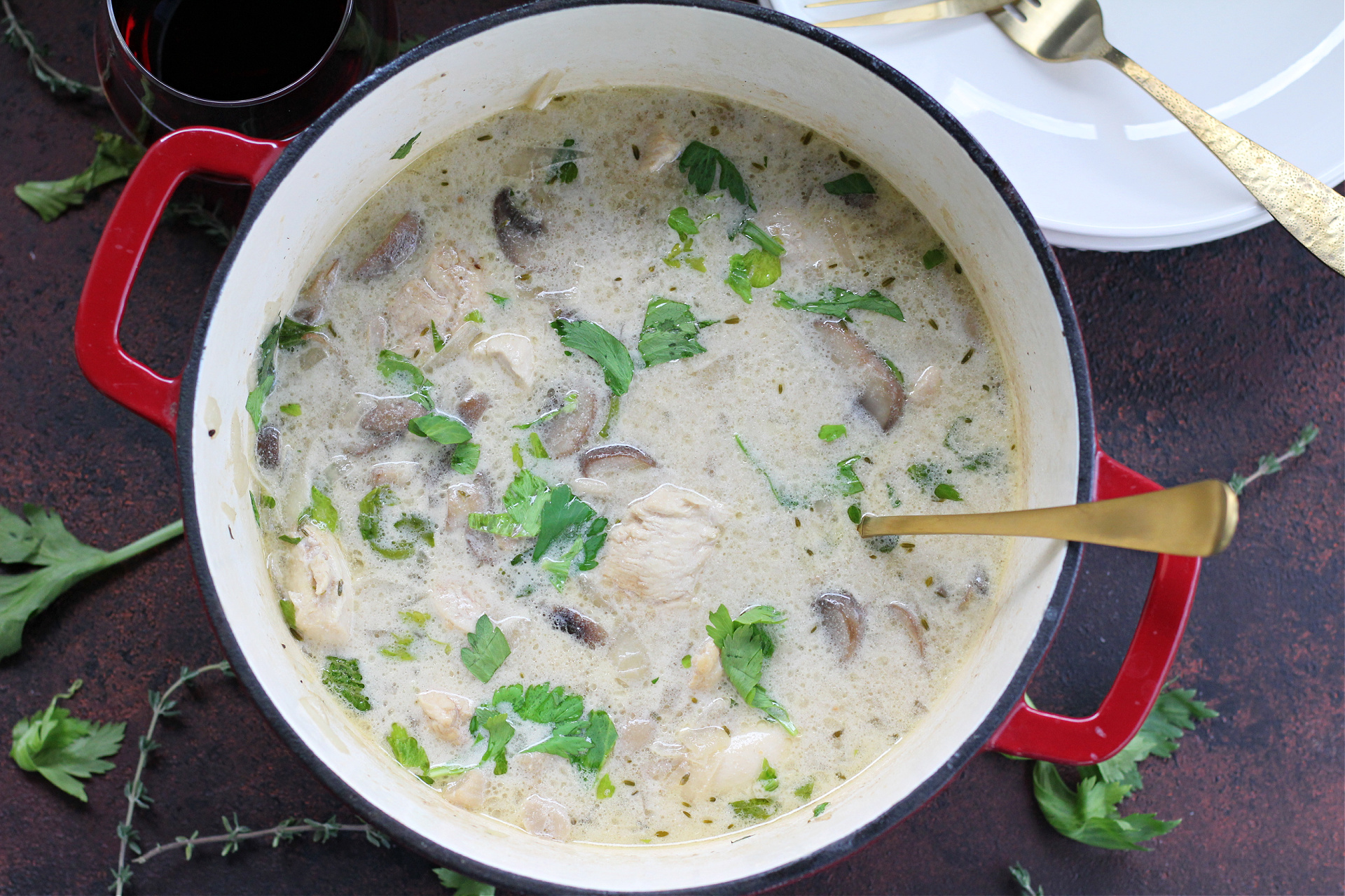 French-inspired chicken and mushroom fricassee with creamy sauce and fresh thyme