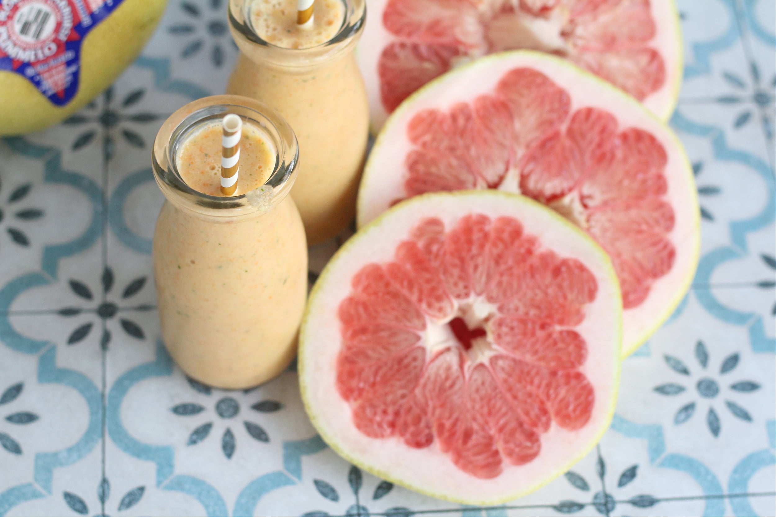 Overhead picture of a citrus smoothie. Overhead picture of a citrus smoothie.