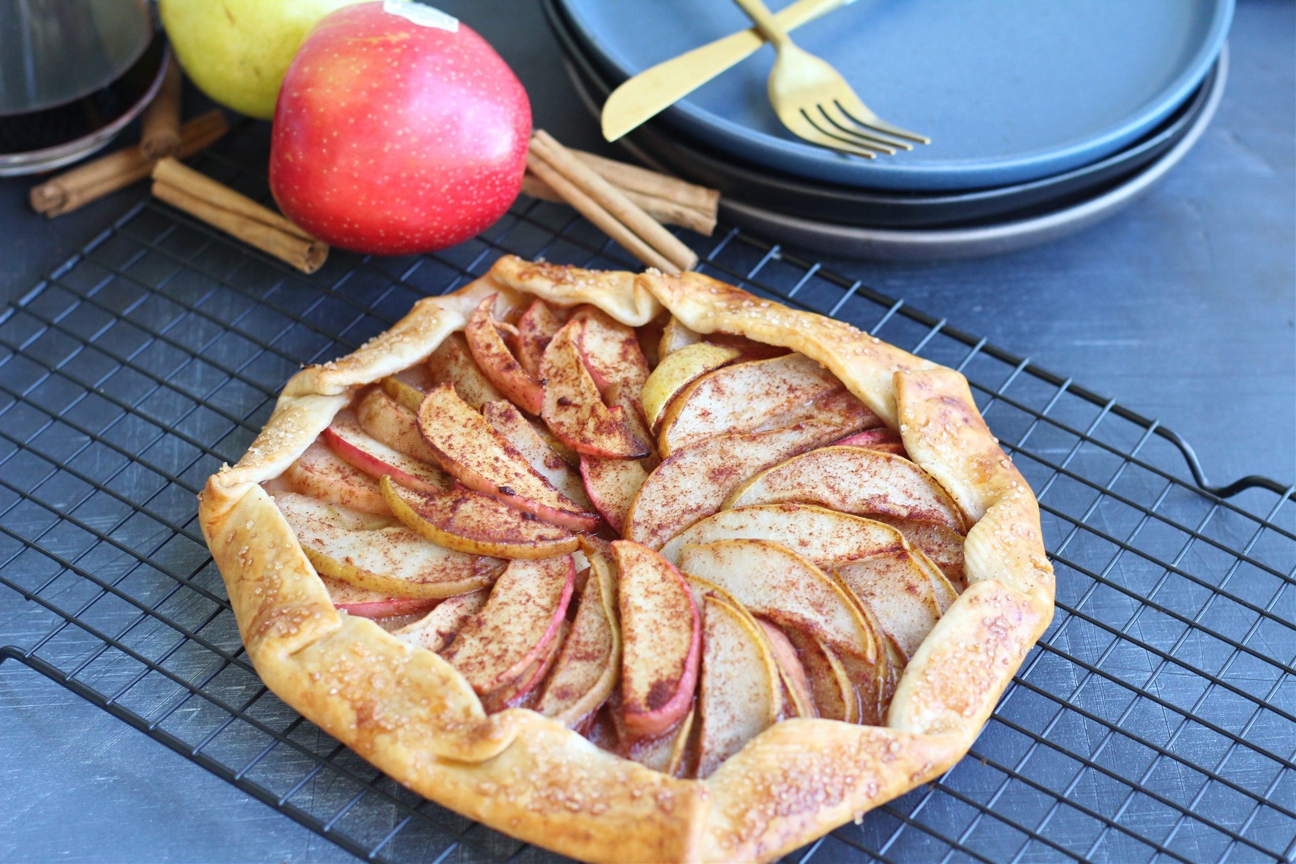 Close-up of apple and pear galette texture of tender fruit and crisp crust.
