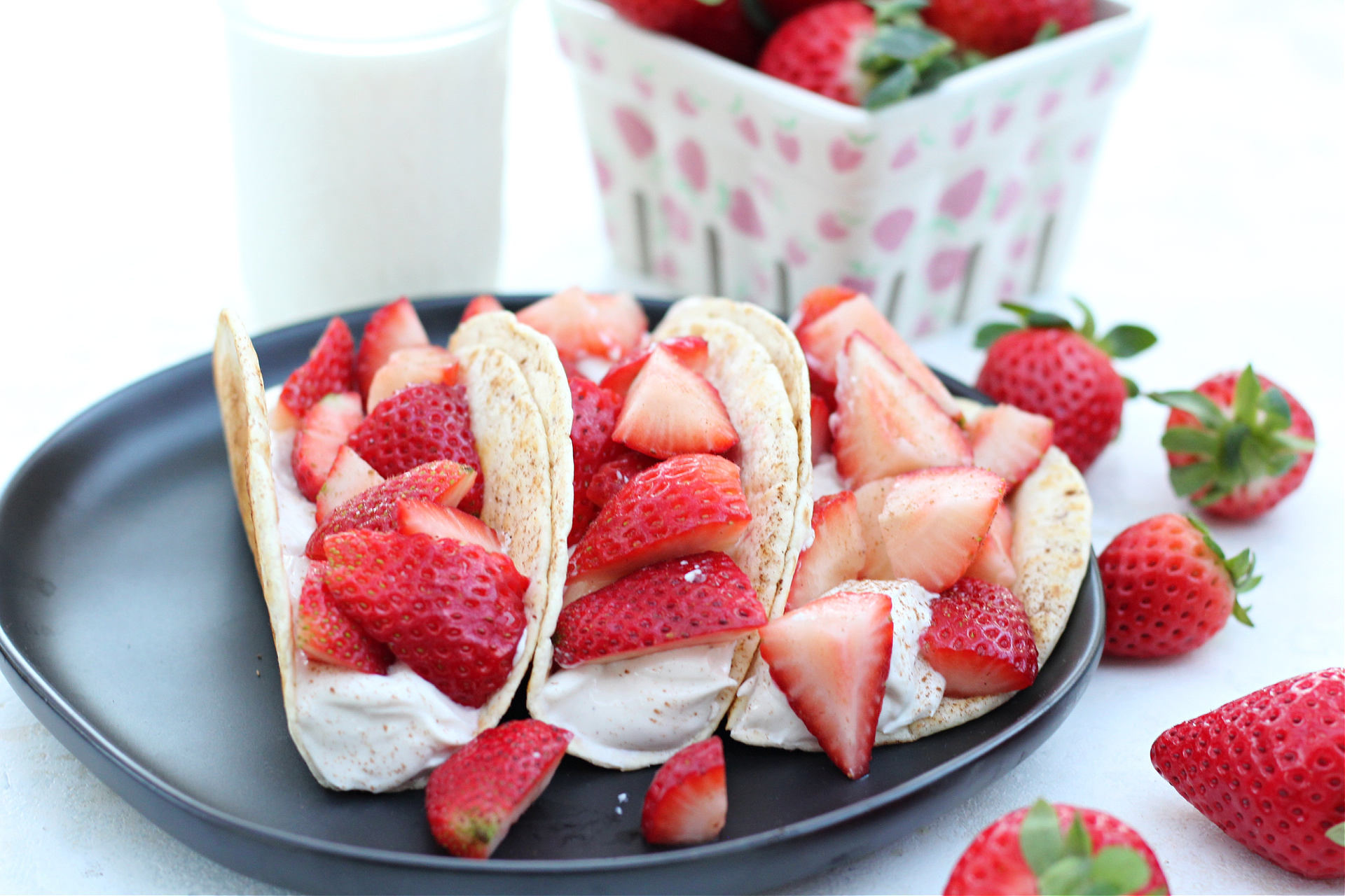 Healthy strawberry cheesecake tacos made with soft tortillas and creamy filling