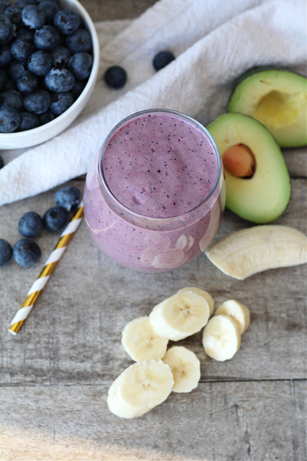 Thick purple blueberry avocado smoothie perfect for breakfast