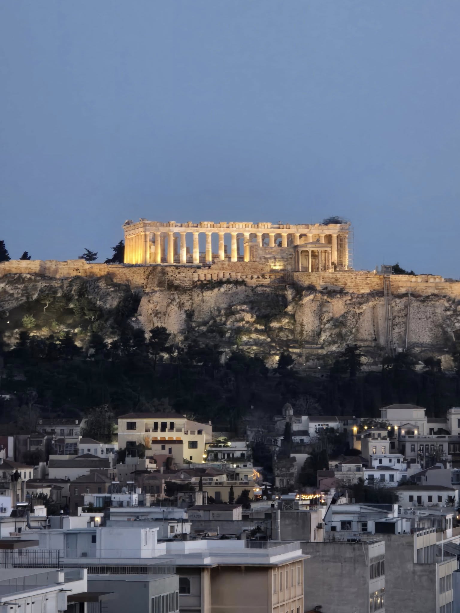 Acropolis view from rooftop bar in Athens Greece
