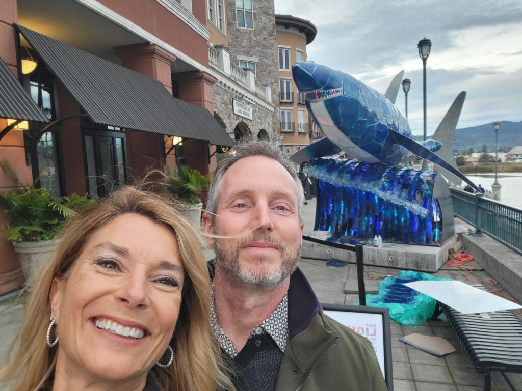 Couple walking the Riverfront in Downtown Napa