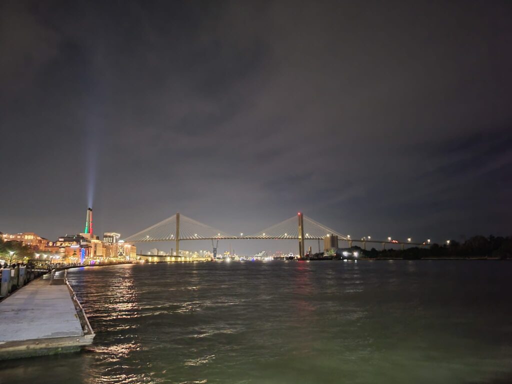 Golden sunset reflecting on the Savannah River during an evening stroll through the historic district of Savannah.