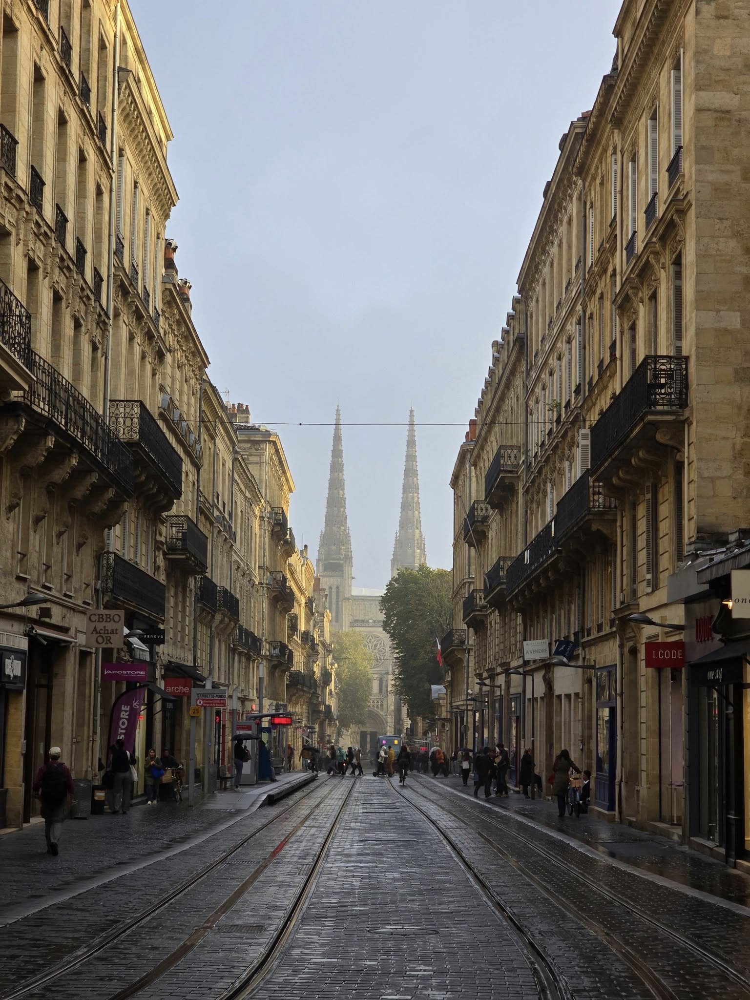 Bordeaux city streets with historic architecture and caf&eacute;s