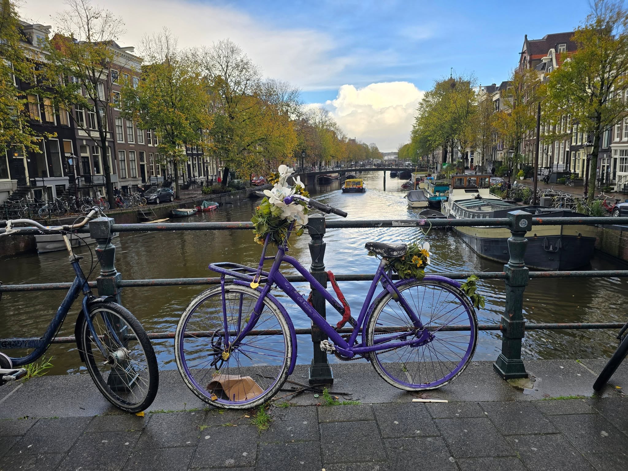 Amsterdam canal lined with bicycles and historic buildings