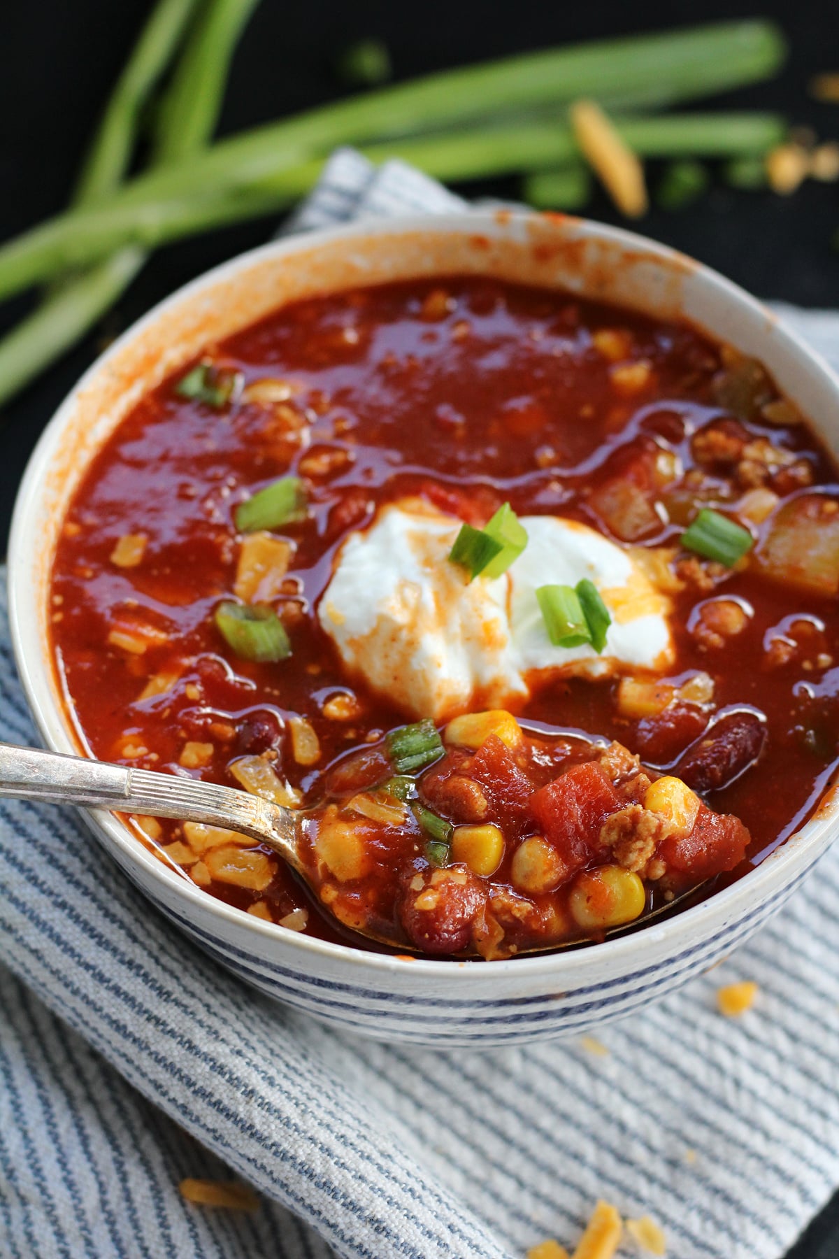 Close-up of flavorful homemade turkey chili with beans, corn and peppers
