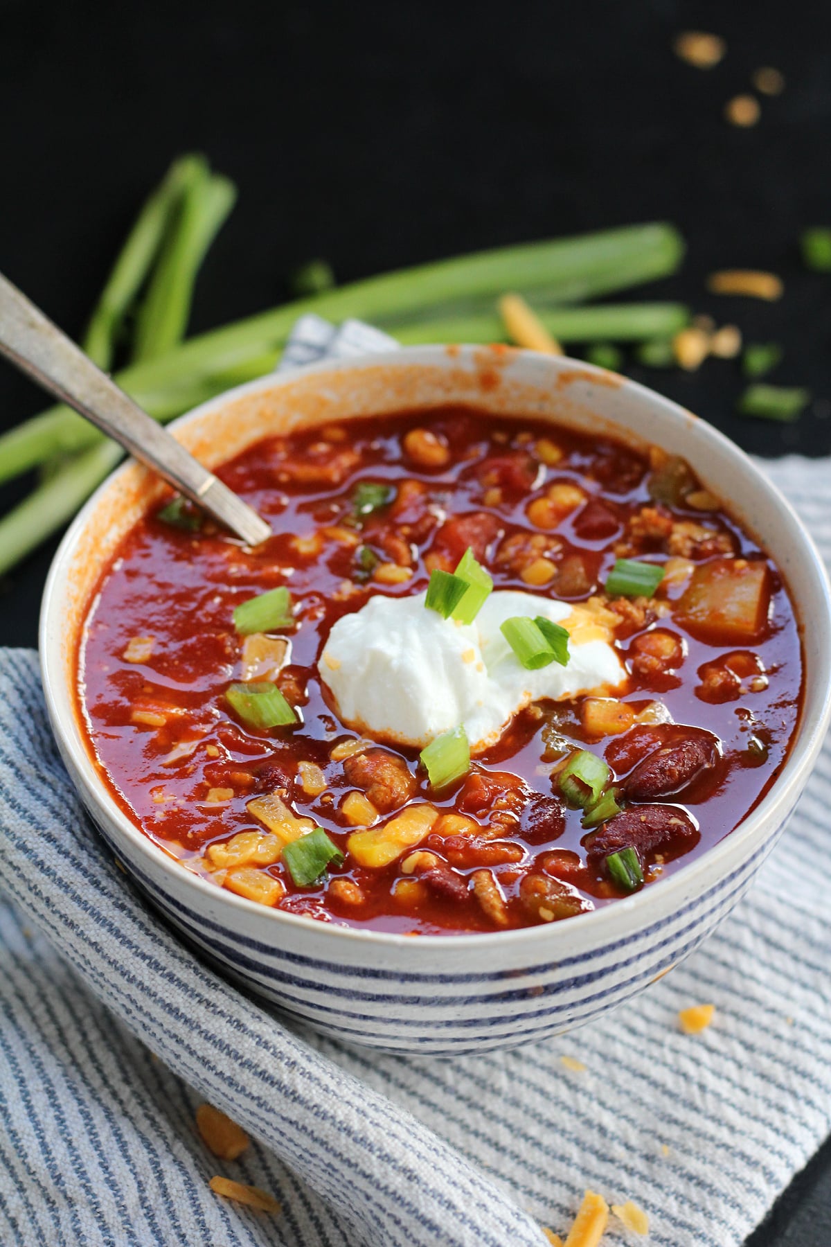 Hearty turkey chili with colorful vegetables served in a bowl