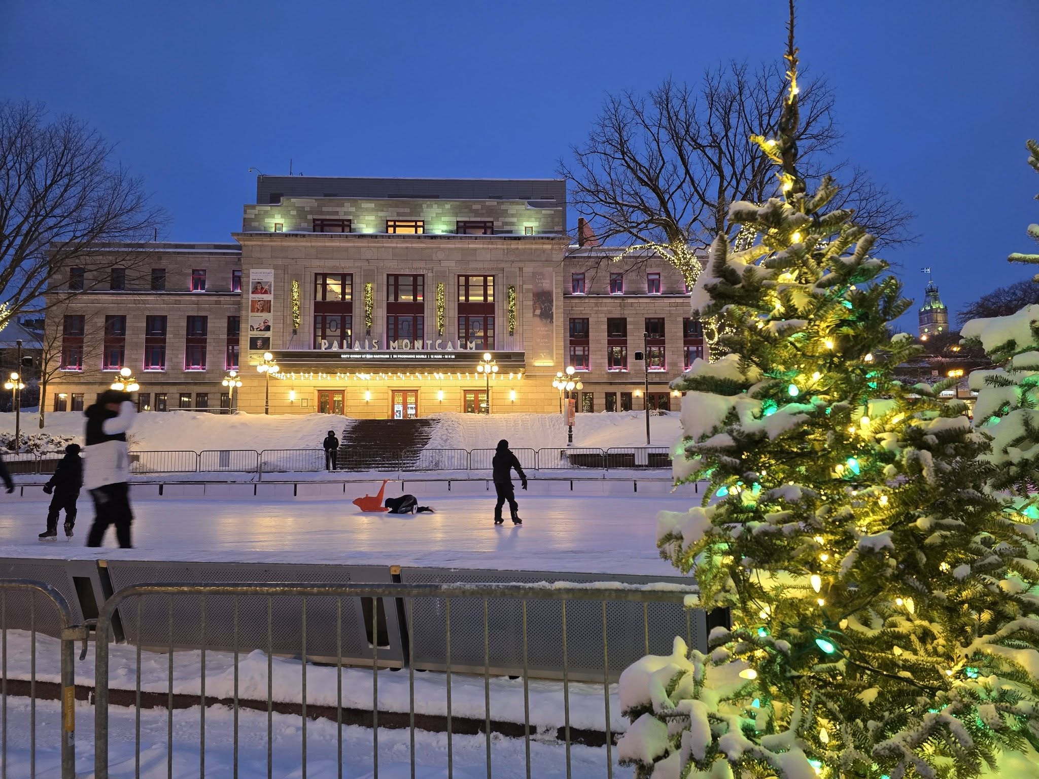Snow-covered streets and buildings in historic Old Québec