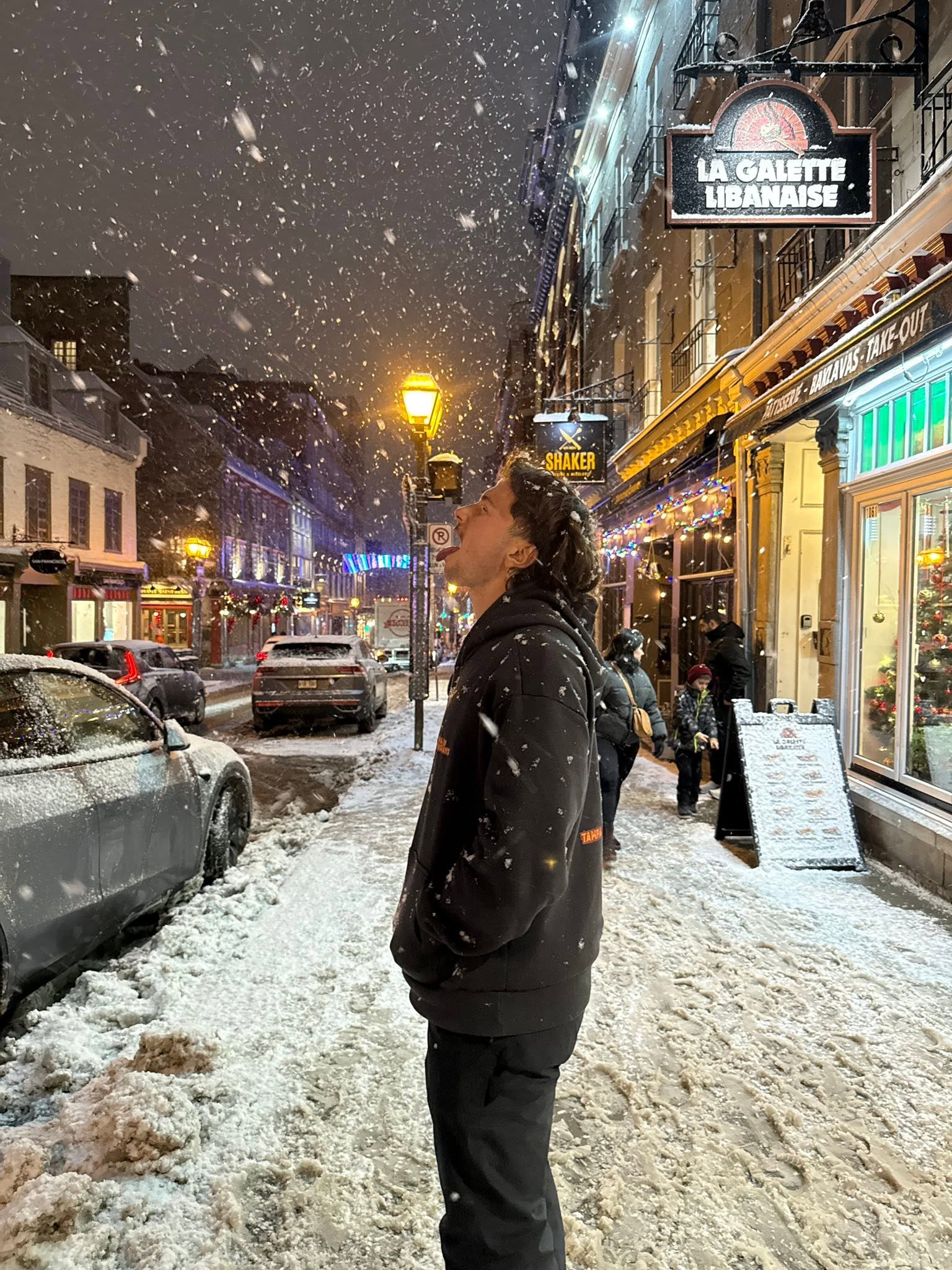 Snowfall on cobblestone streets during a winter day in Old Québec